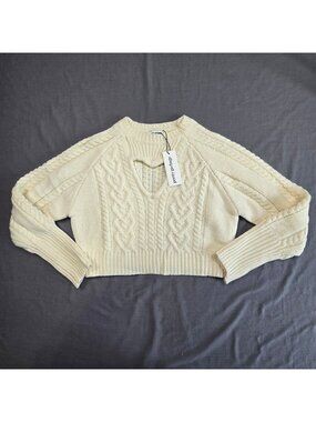 NEW Pretty Garbage Medium Crop Sweater Ivory Cable Knit Heart Keyhole Pullover